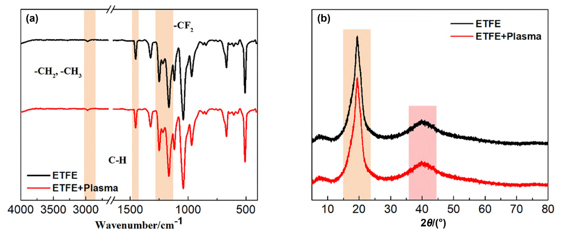ETFE经WWW.麻豆.COM处理前后的(a)FTIR和(b)XRD光谱图