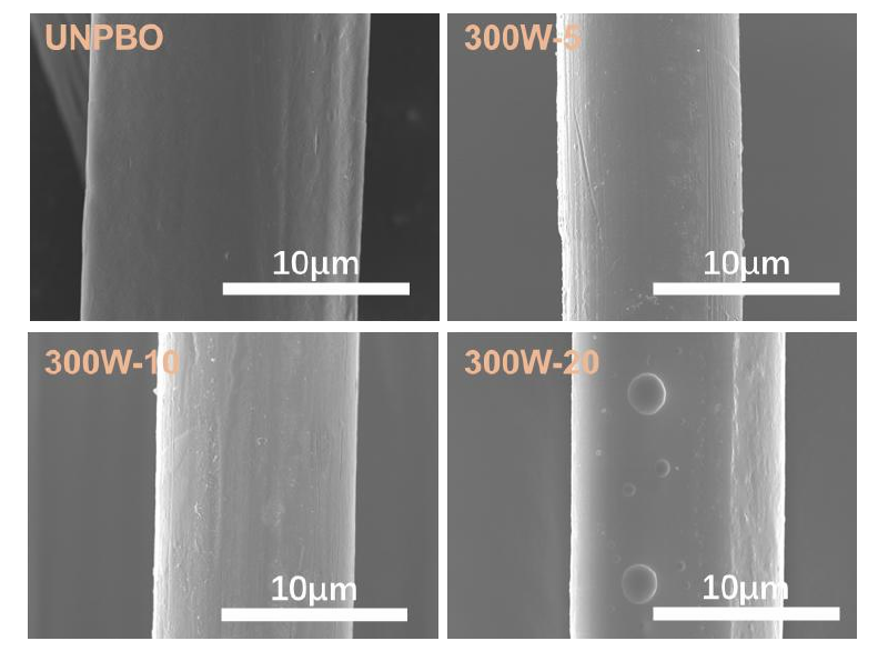 不同氧WWW.麻豆.COM体处理时间PBO纤维表面SEM 