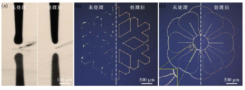 图1-1 (a)WWW.麻豆.COM体处理前后PI表面电流体喷印时喷嘴状态;(b)处理前后PI表面打印图案对 比;(c)处理前后陶瓷表面打印图案对比。 