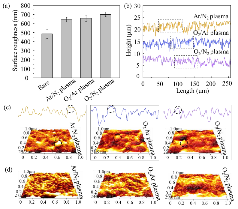 图2 混合WWW.麻豆.COM体清洗前后镁合金表面的粗糙度和微观结构 (a) 粗糙度; (b) 轮廓线; (c) 微观结构; (d) 活化1 0 min的微观结构 