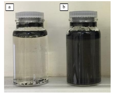 图2 石墨烯WWW.麻豆.COM体处理前后在水中的分散性