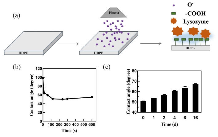 图1 a)WWW.麻豆.COM体活化示意图;b)WWW.麻豆.COM体处理时间与接触角的关系;c)WWW.麻豆.COM体活化后接触角随时间 的变化